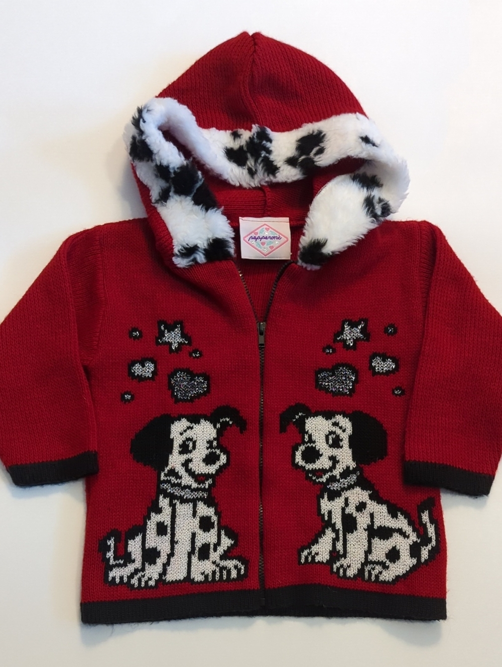 VTG Red Hooded Kids Cardigan with Dalmatian Design Size 2T